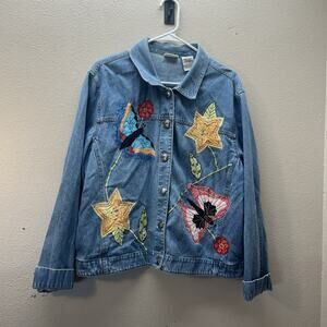 90s Vintage Embroidered Patchwork Butterflies Denim Button Up Top Cottagecore L